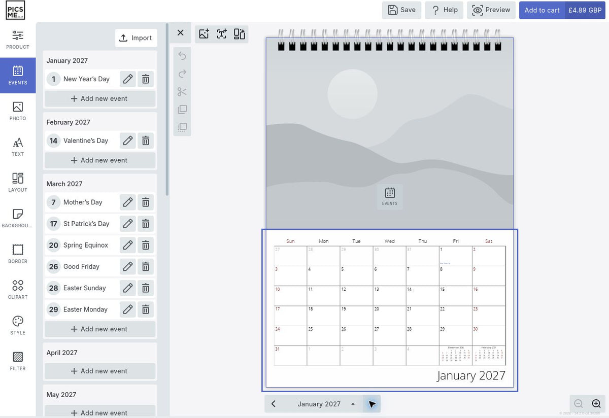 Picsme calendar designer with the Events panel, Add new event controls and the January calendar grid