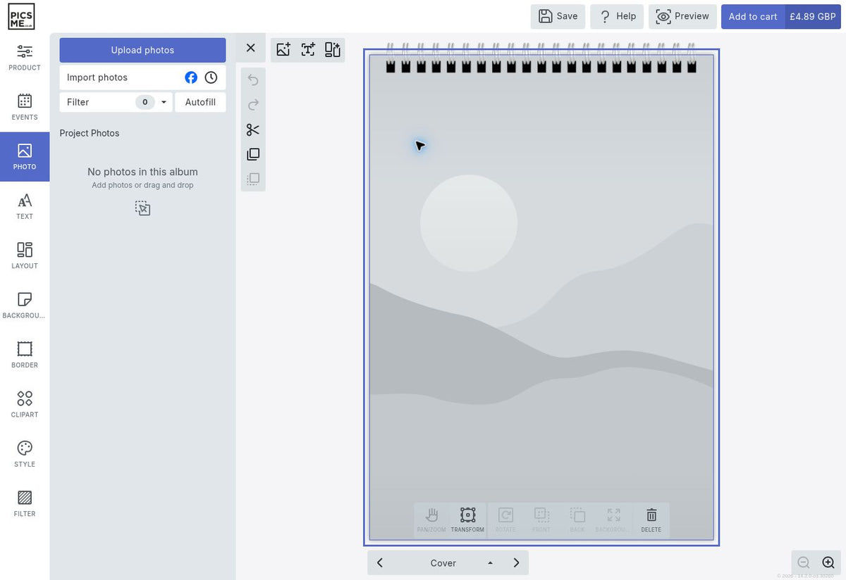 Picsme calendar designer showing Upload photos and an empty cover photo area