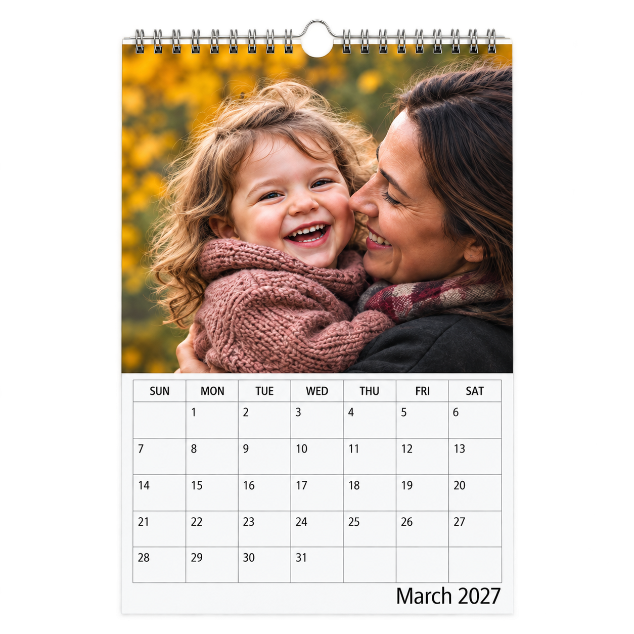 Picsme A5 single-page photo calendar on Standard 200gsm silk paper showing a mother and laughing young daughter and the March 2027 date grid.