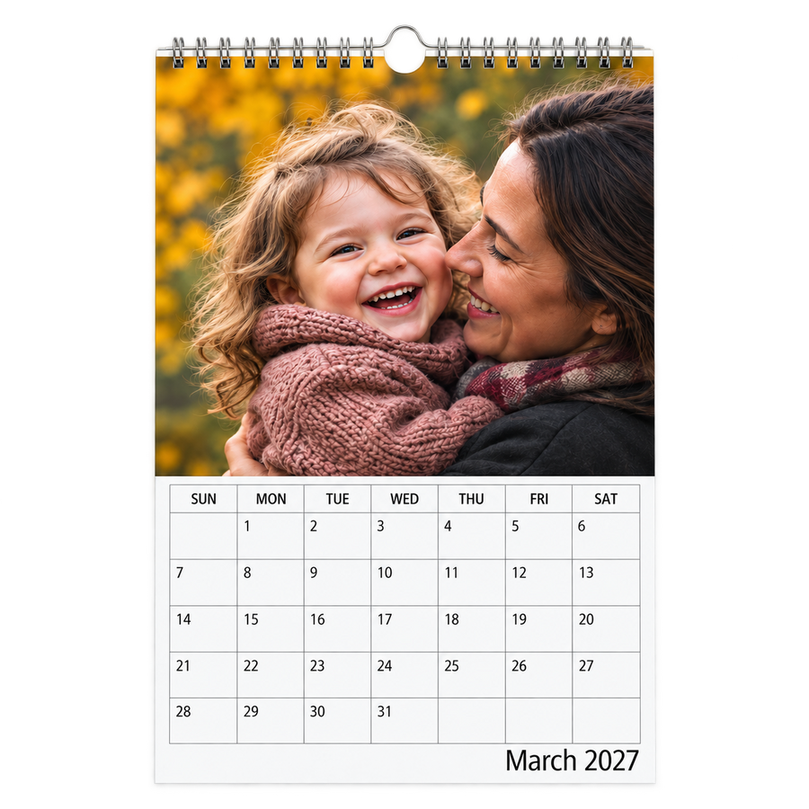 Picsme A5 single-page photo calendar on Standard 200gsm silk paper showing a mother and laughing young daughter and the March 2027 date grid.