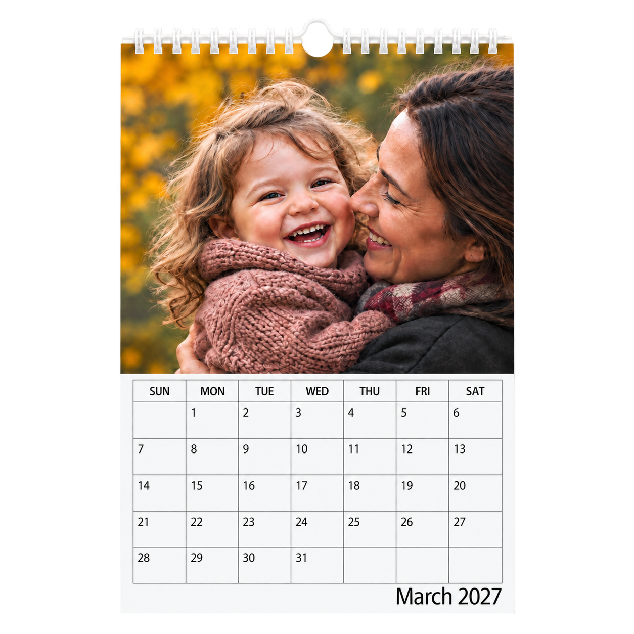 Picsme A5 single-page photo calendar showing a mother and laughing young daughter and the March 2027 date grid with white Wire-O binding and a white hanger.