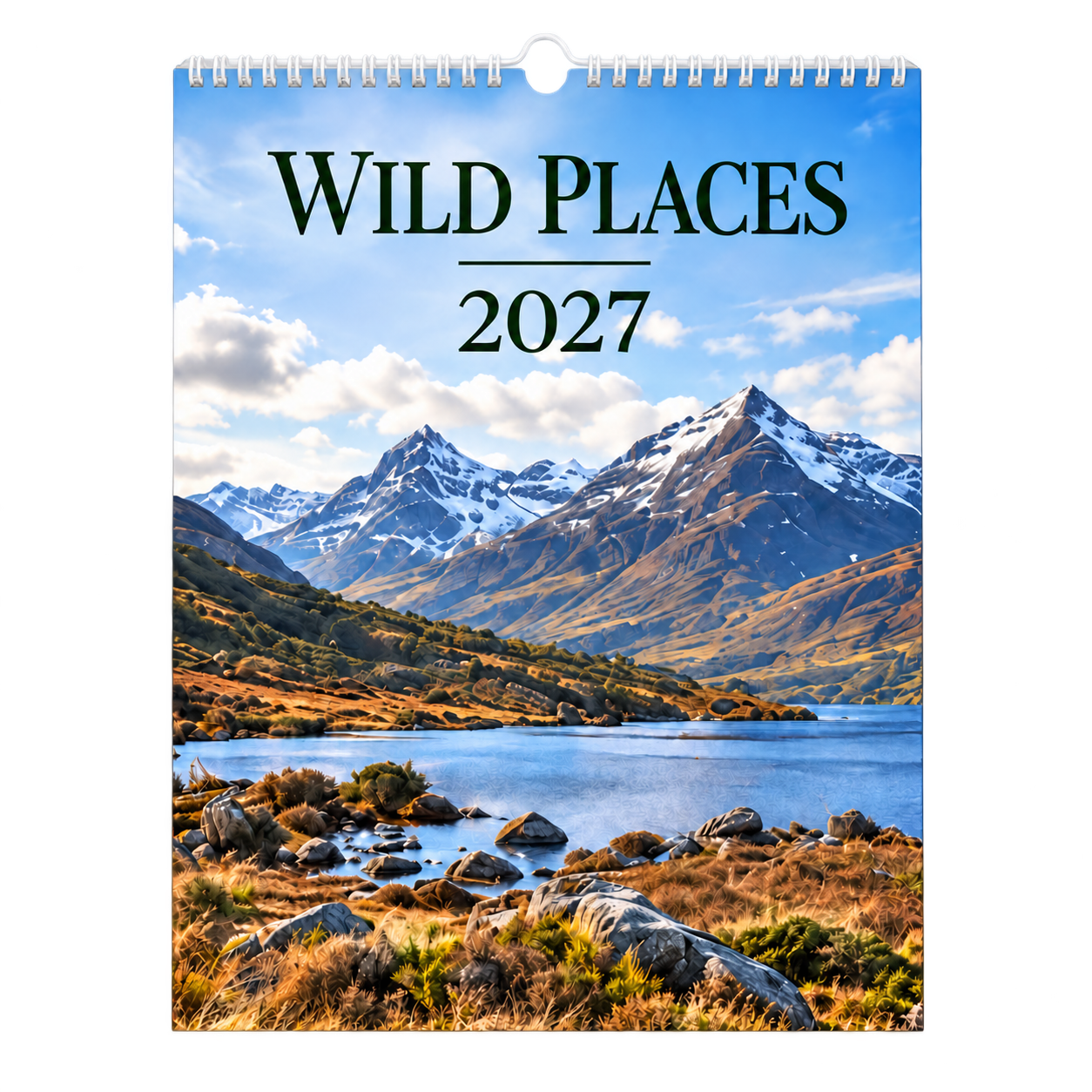 Picsme A3 single-page photo calendar with the Wild Places 2027 cover, showing snow-streaked mountains beside a lake with white Wire-O binding and a white hanger.
