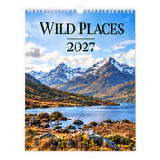 Picsme A3 single-page photo calendar with the Wild Places 2027 cover, showing snow-streaked mountains beside a lake with white Wire-O binding and a white hanger.