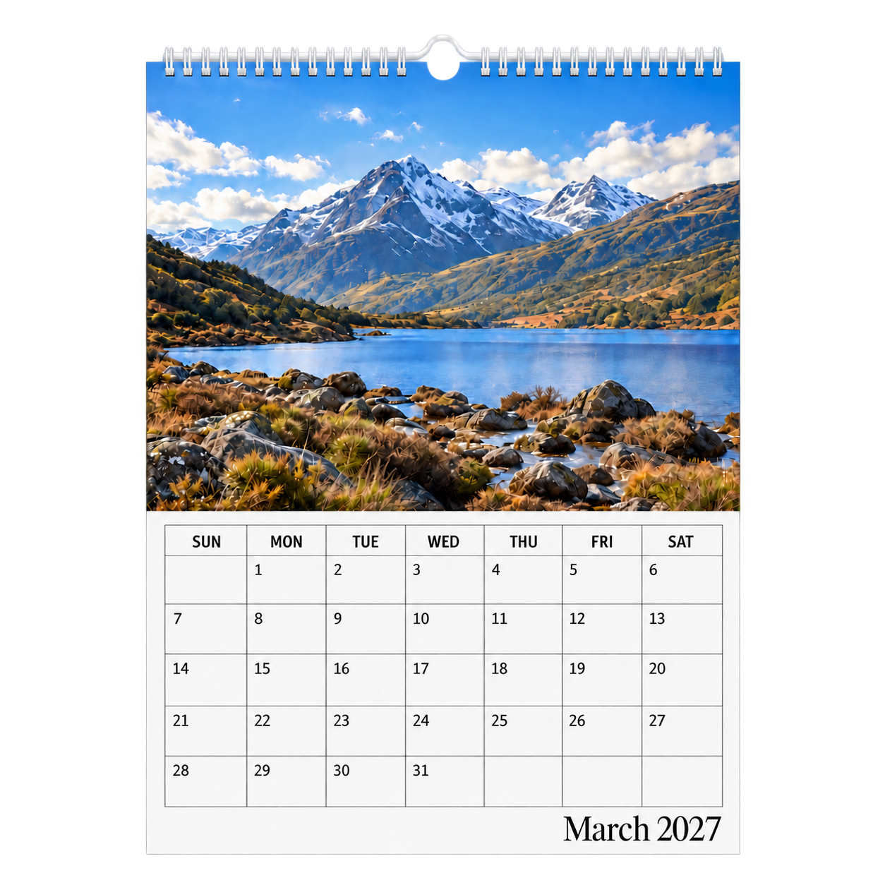 Picsme A3 single-page photo calendar showing snow-streaked mountains beside a lake and the March 2027 date grid with white Wire-O binding and a white hanger.