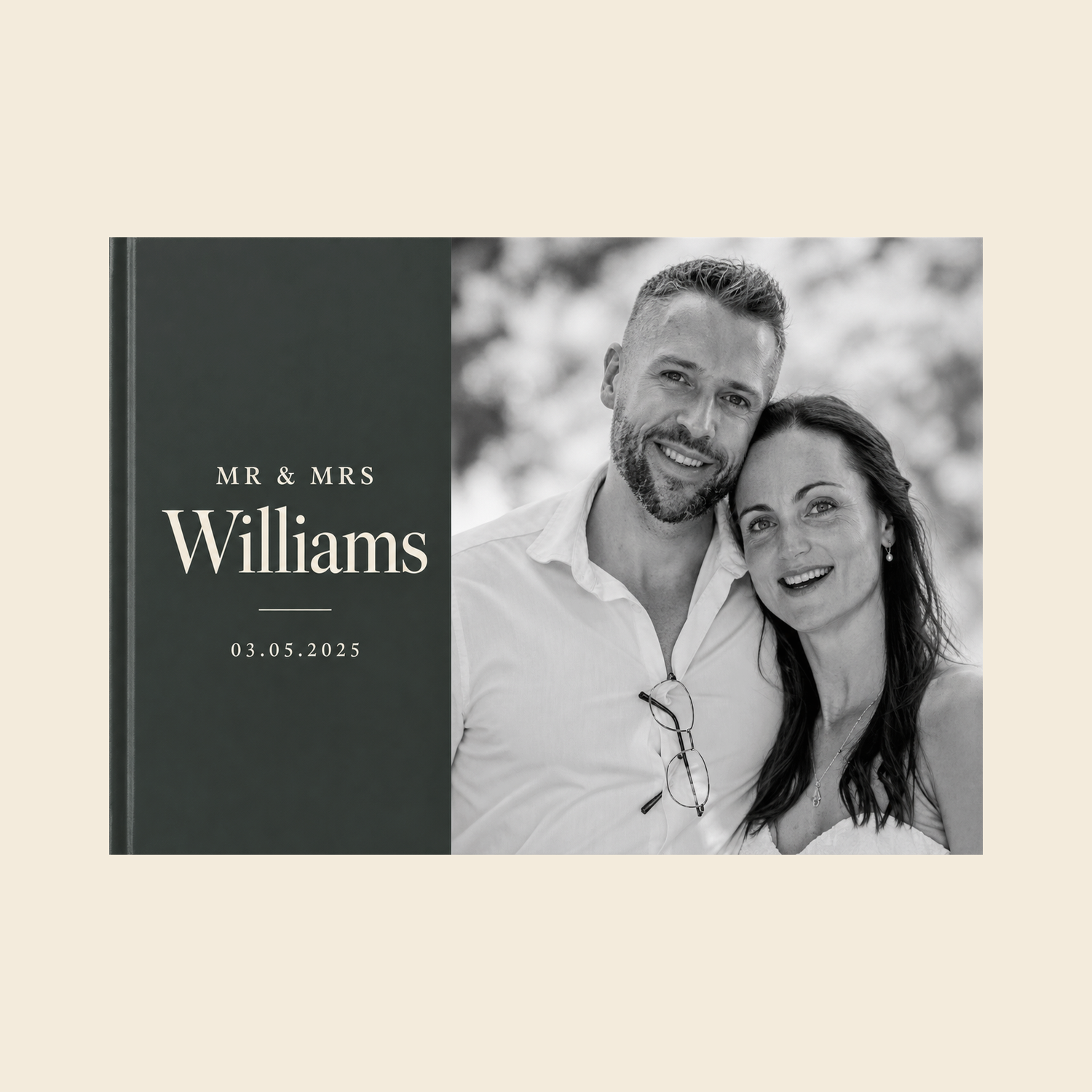Picsme A4 landscape hardcover photo book with gloss paper, showing a black-and-white wedding portrait beside a charcoal Williams title panel.