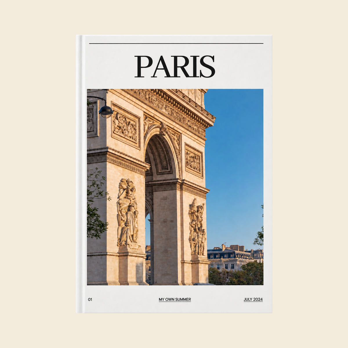 Picsme A4 portrait hardcover photo book with gloss paper, showing the Arc de Triomphe on a white Paris cover.