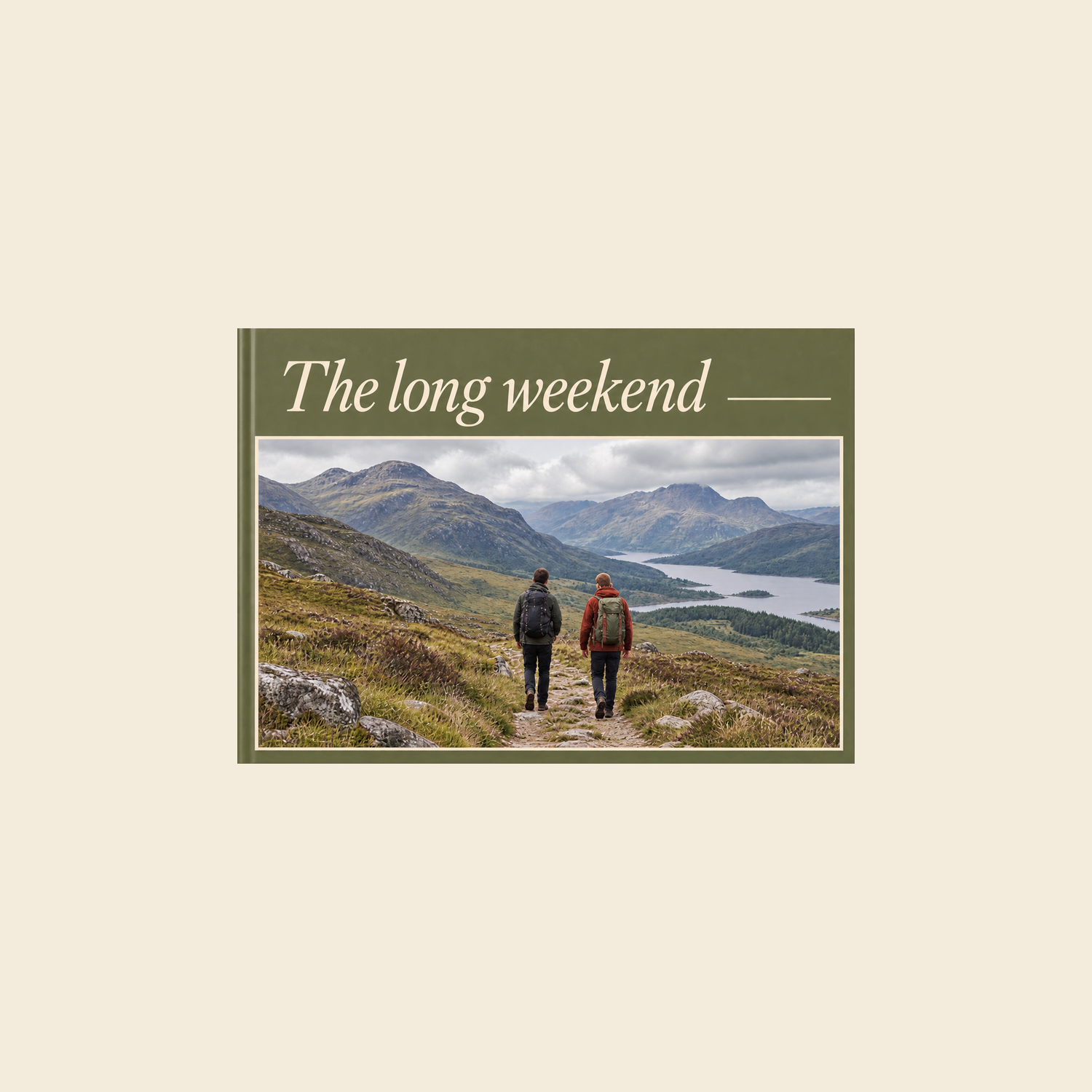 Picsme A5 landscape hardcover photo book with recycled paper, showing walkers in the Highlands on an olive-green The Long Weekend cover.