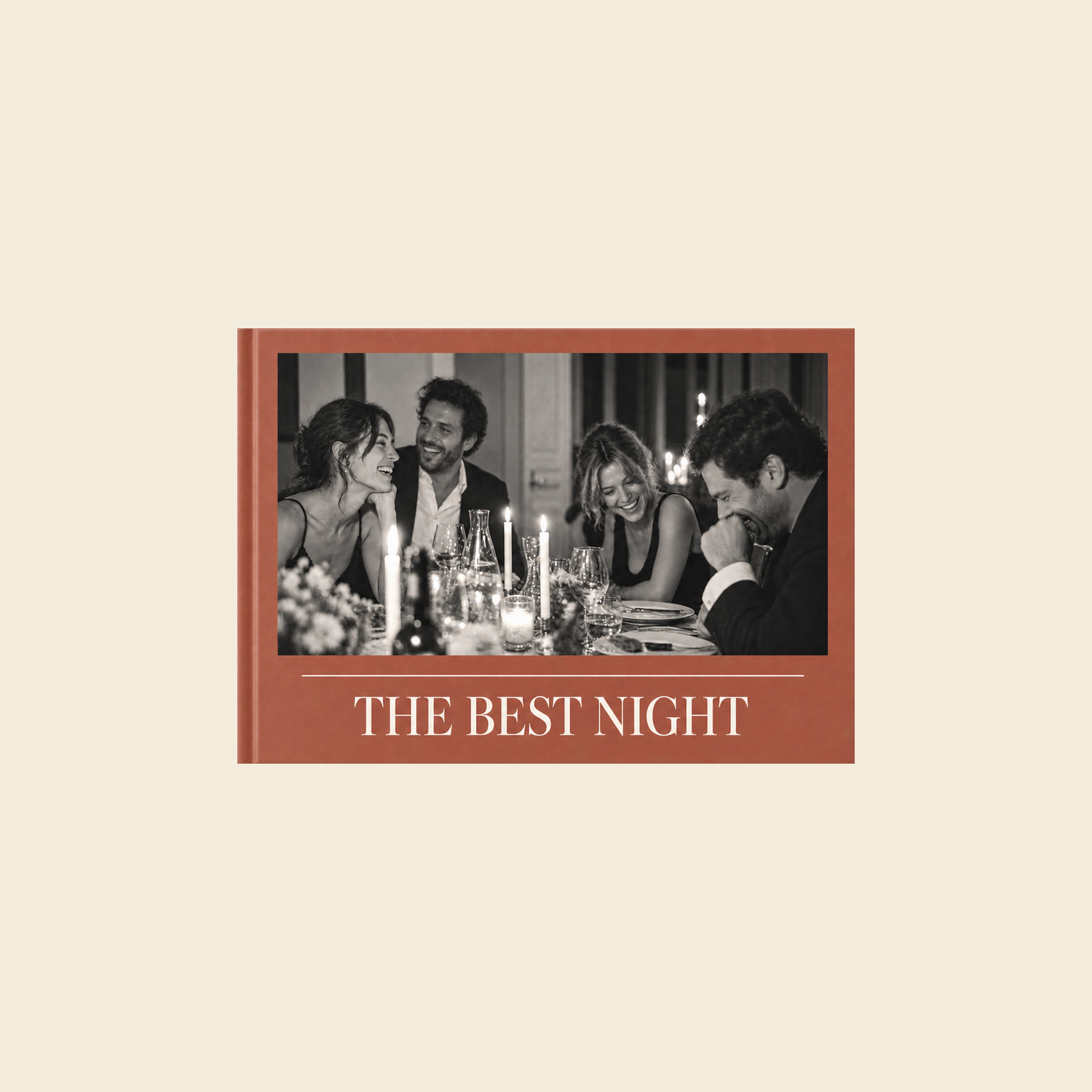 Picsme A5 landscape hardcover photo book with gloss paper, showing friends at dinner on a clay-coloured The Best Night cover.