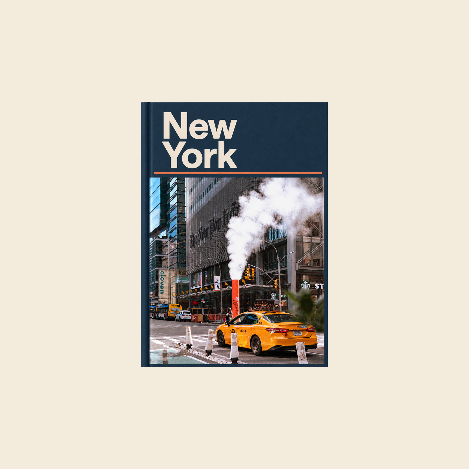 Picsme A5 portrait hardcover photo book with recycled paper, showing a New York street photograph with a yellow taxi and ink-blue title panel.