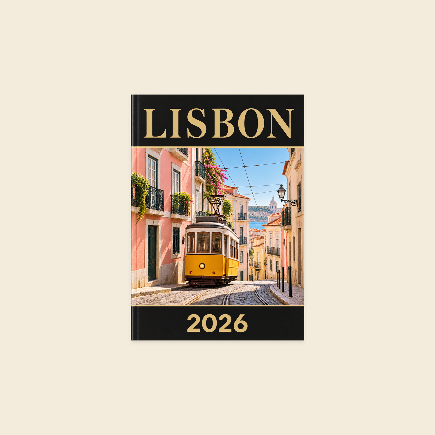 A5 portrait softcover photo book with a black Lisbon cover, warm ochre lettering, a yellow tram photograph and 2026 date.