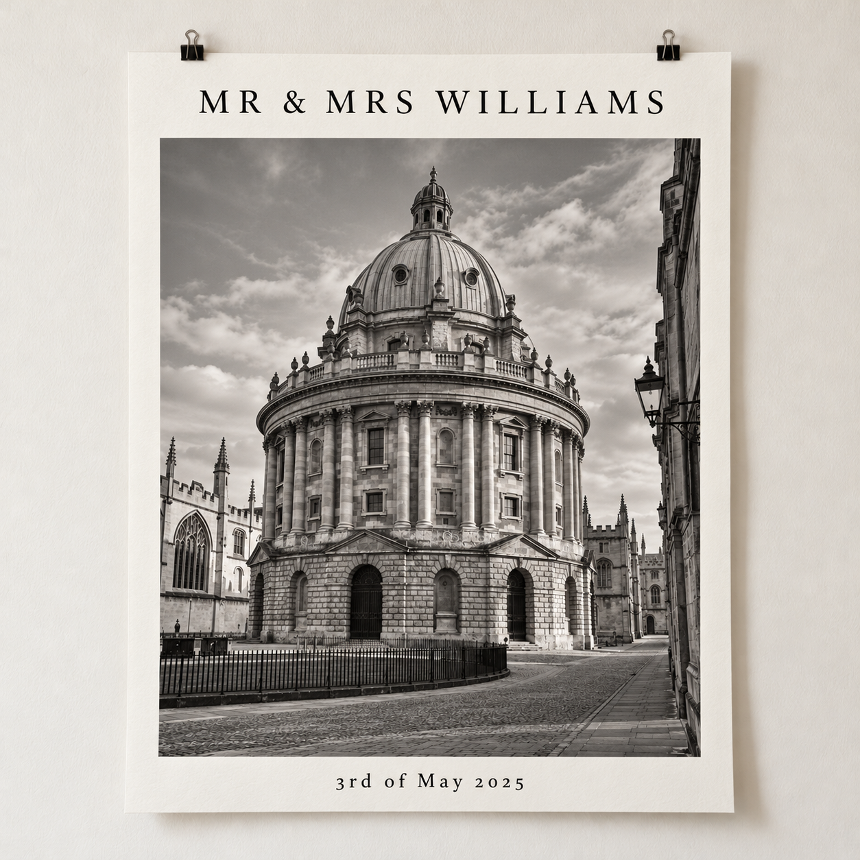 Unframed black and white Oxford photo poster personalised with Mr & Mrs Williams and 3rd of May 2025