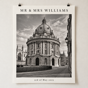 Unframed black and white Oxford photo poster personalised with Mr & Mrs Williams and 3rd of May 2025