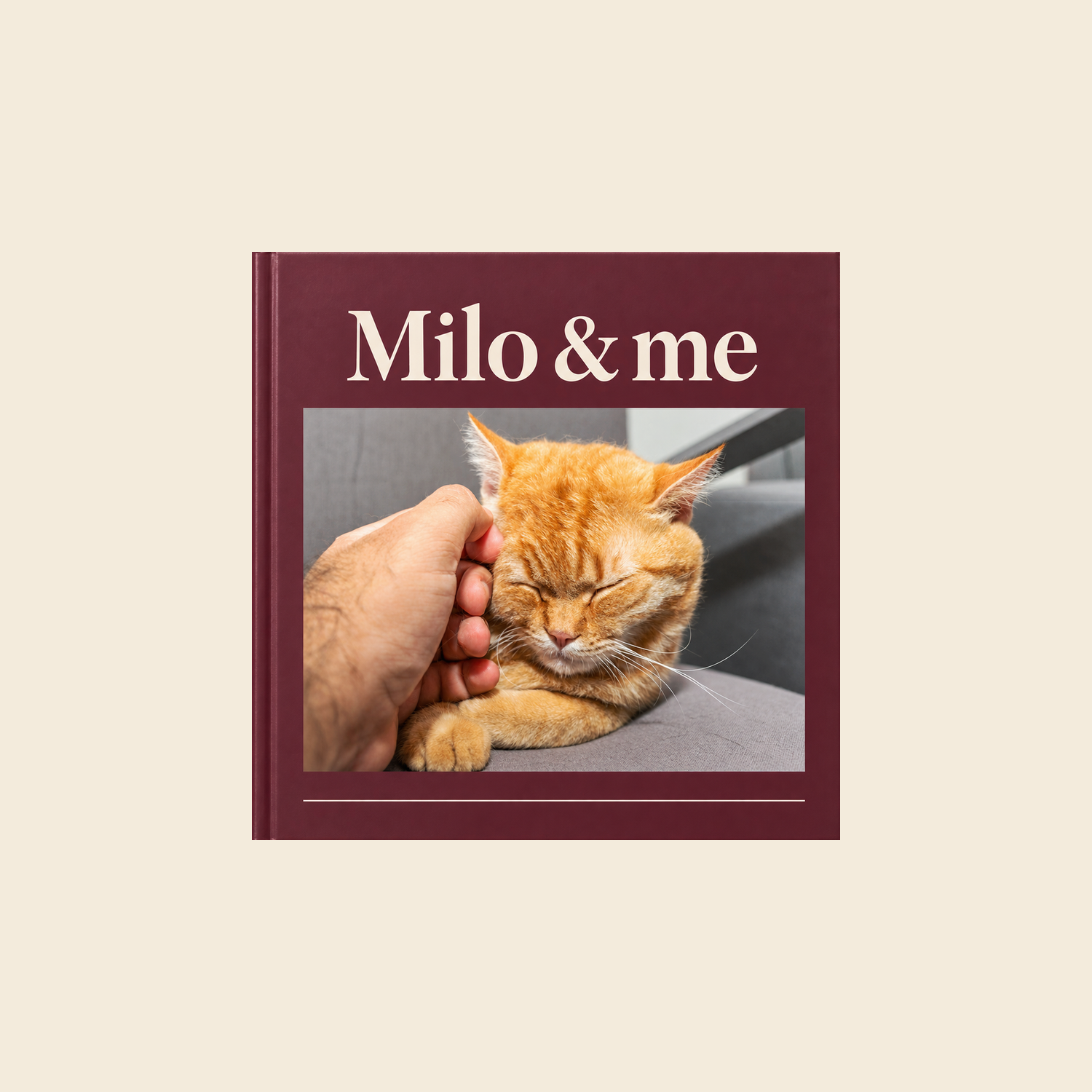 Picsme 200 mm square hardcover photo book with recycled paper, showing a ginger cat being stroked on a dusty burgundy Milo and Me cover.