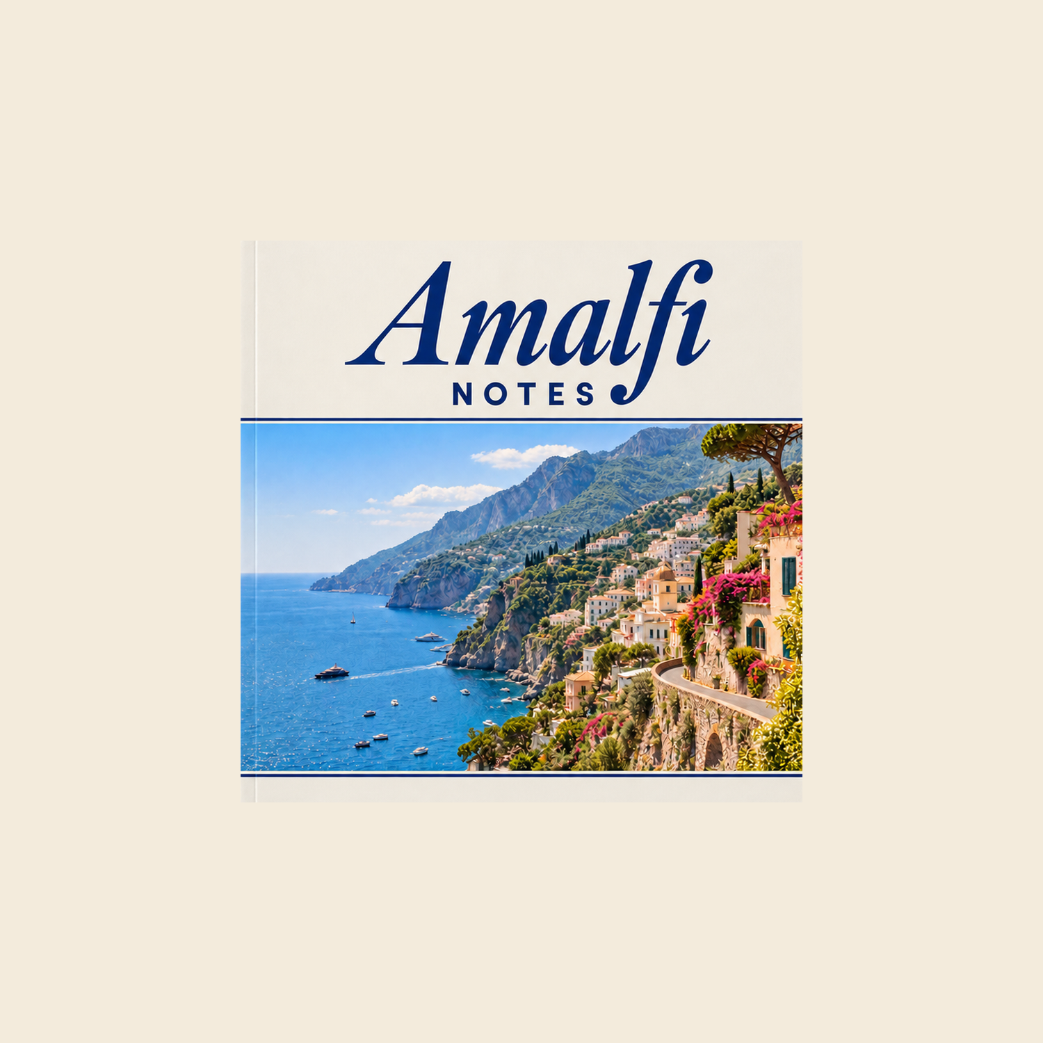 Picsme 200 mm square softcover photo book with recycled paper, showing a coastal photograph and blue Amalfi Notes lettering.