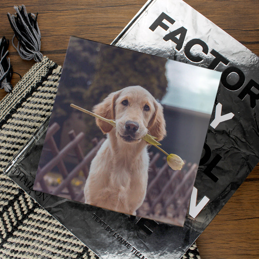 Lifestyle image of a square softcover personalised photo book printed in the UK using FSC-certified paper
